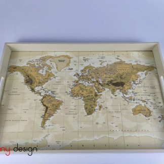 Cream rectangular lacquer tray with world map 28*45cm